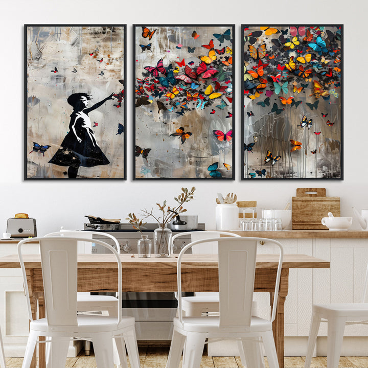 51446-MGV-FC-48X32-3P_Walnut-Banksy Butterfly Girl Wall Art | 3-Piece Butterfly Girl Canvas
