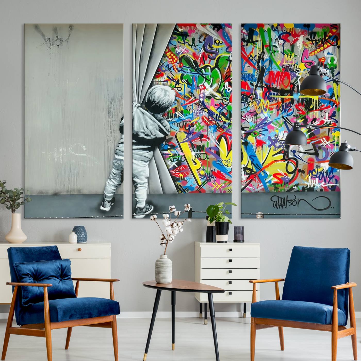 Banksy Colorful Street Graffiti Canvas Wall Art Print, Modern Art Triptych, Child and Graffiti Wall, Urban Art for Home or Office Decor