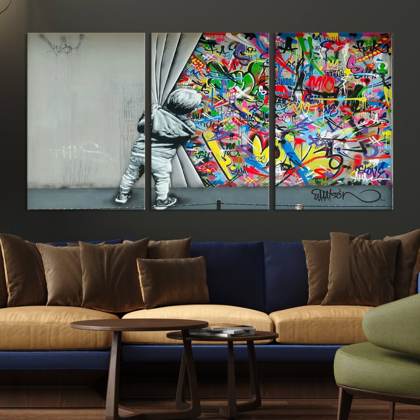 Banksy Colorful Street Graffiti Canvas Wall Art Print, Modern Art Triptych, Child and Graffiti Wall, Urban Art for Home or Office Decor
