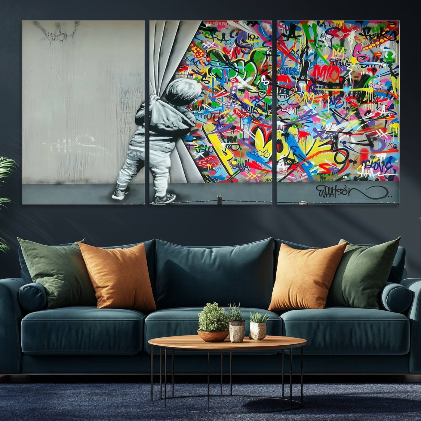 Banksy Colorful Street Graffiti Canvas Wall Art Print, Modern Art Triptych, Child and Graffiti Wall, Urban Art for Home or Office Decor
