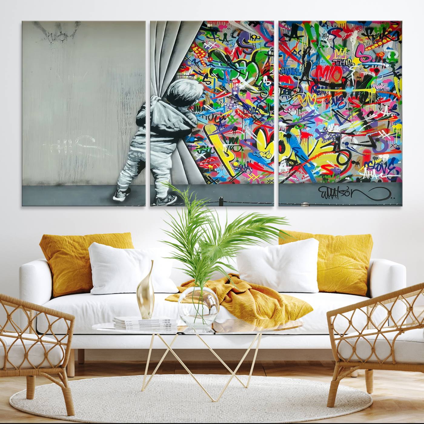 Banksy Colorful Street Graffiti Canvas Wall Art Print, Modern Art Triptych, Child and Graffiti Wall, Urban Art for Home or Office Decor