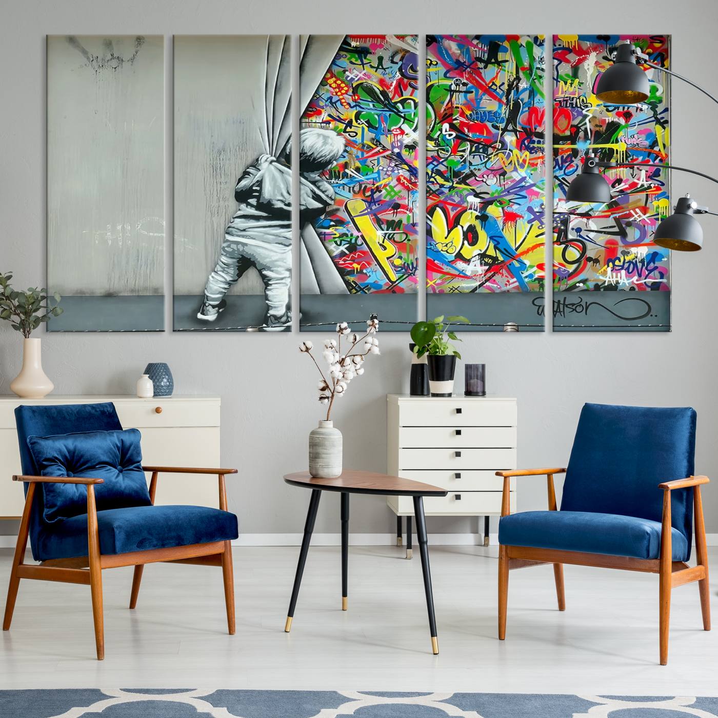 Banksy Colorful Street Graffiti Canvas Wall Art Print, Modern Art Triptych, Child and Graffiti Wall, Urban Art for Home or Office Decor