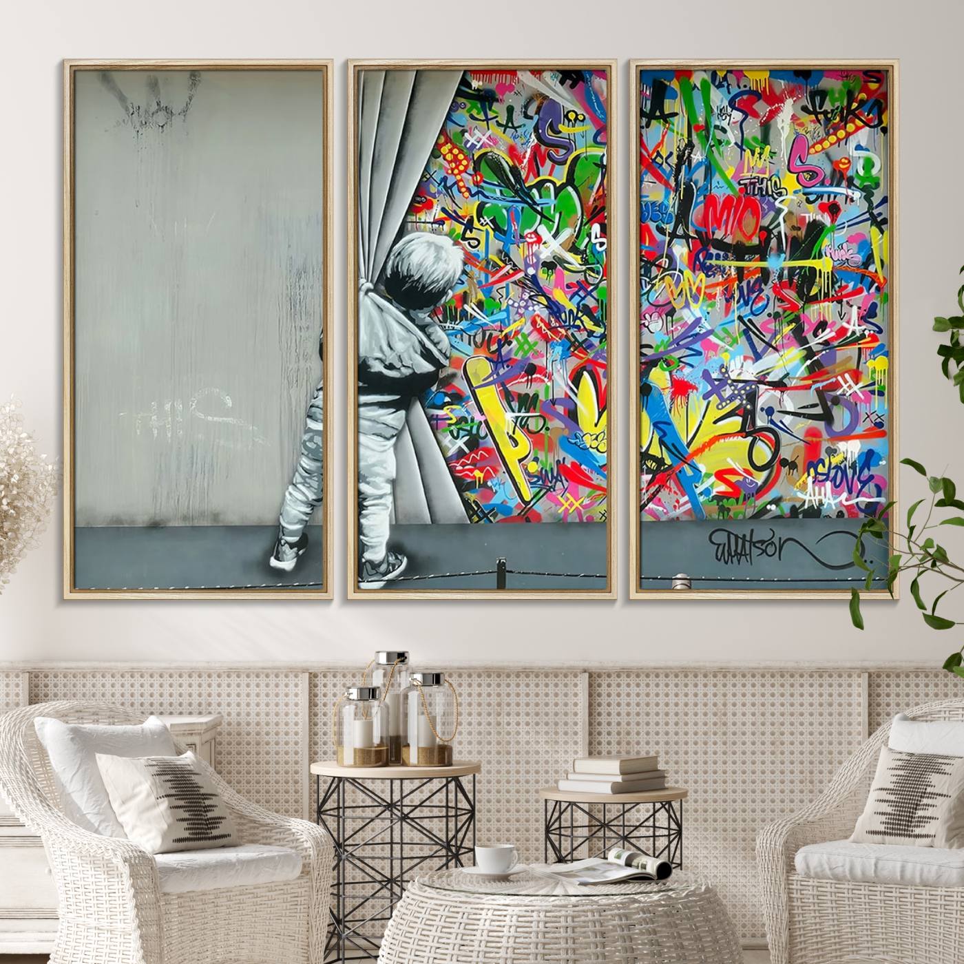51713-MGV-CV-36X24-Banksy Colorful Street Graffiti Canvas Wall Art Print, Modern Art Triptych, Child and Graffiti Wall, Urban Art for Home or Office Decor