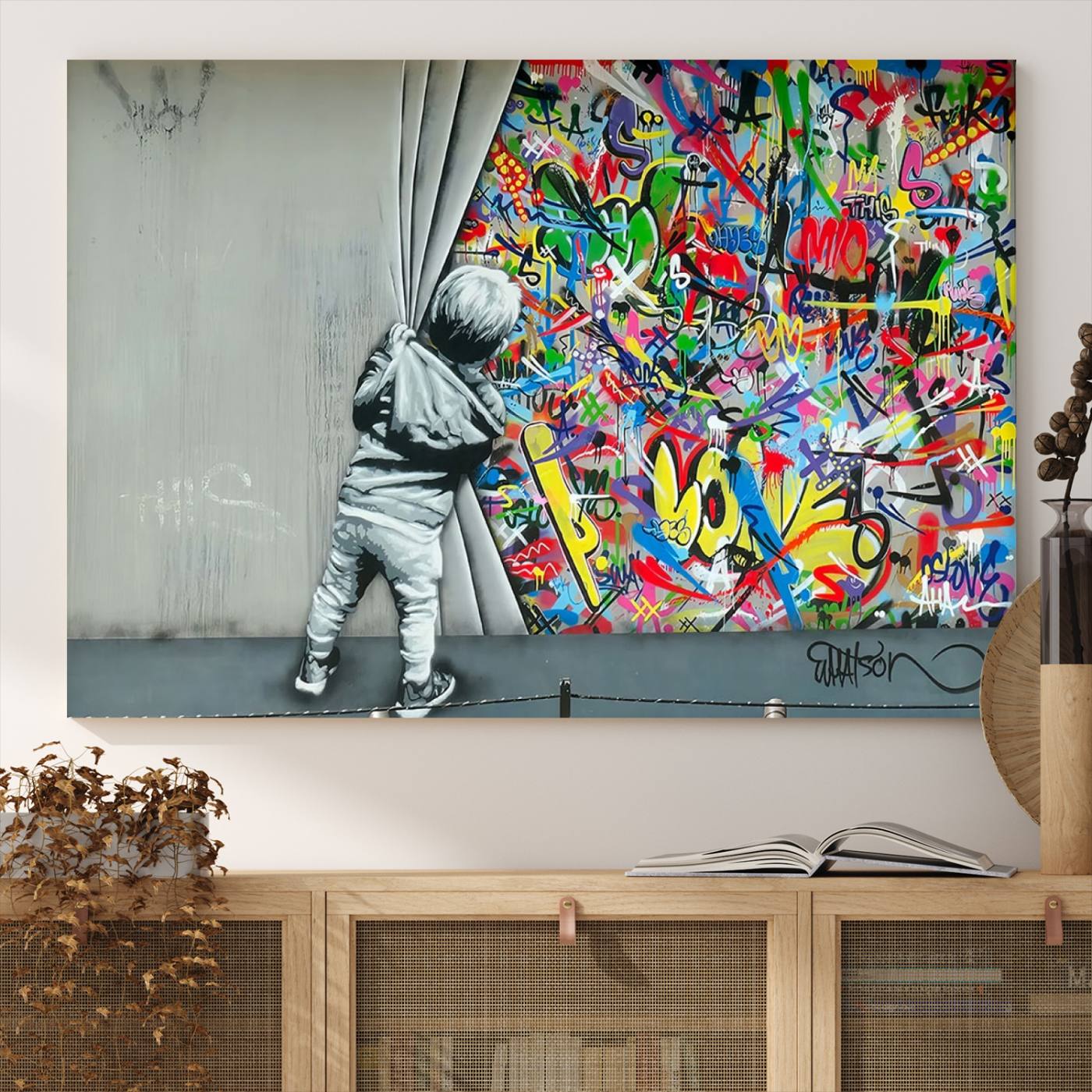 Banksy Colorful Street Graffiti Canvas Wall Art Print, Modern Art Triptych, Child and Graffiti Wall, Urban Art for Home or Office Decor