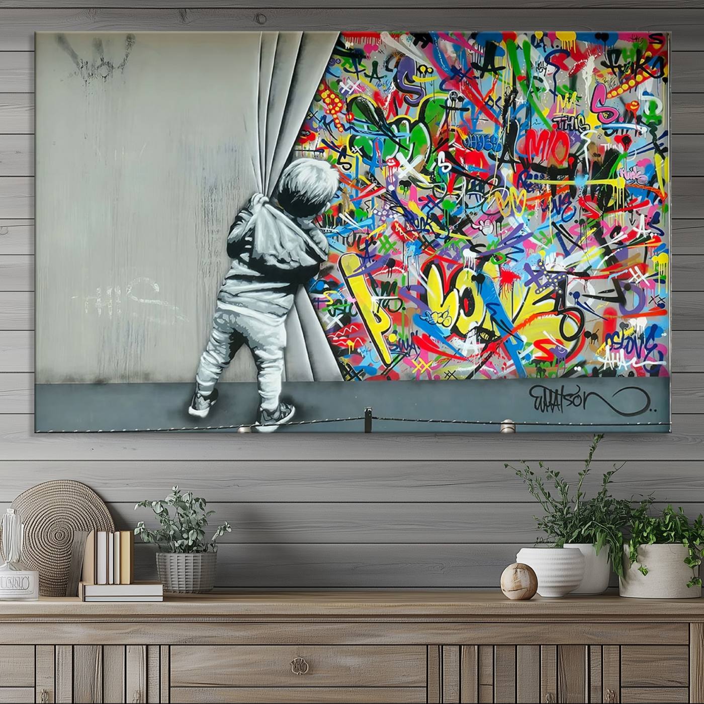 Banksy Colorful Street Graffiti Canvas Wall Art Print, Modern Art Triptych, Child and Graffiti Wall, Urban Art for Home or Office Decor