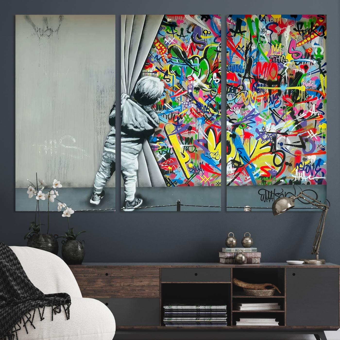 Banksy Colorful Street Graffiti Canvas Wall Art Print, Modern Art Triptych, Child and Graffiti Wall, Urban Art for Home or Office Decor