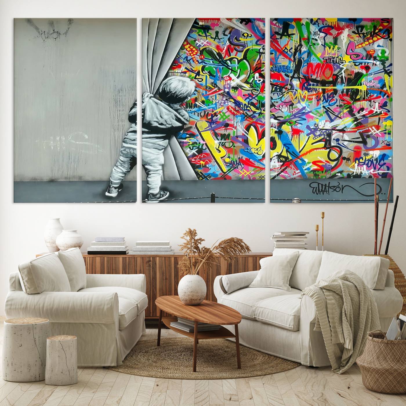 Banksy Colorful Street Graffiti Canvas Wall Art Print, Modern Art Triptych, Child and Graffiti Wall, Urban Art for Home or Office Decor