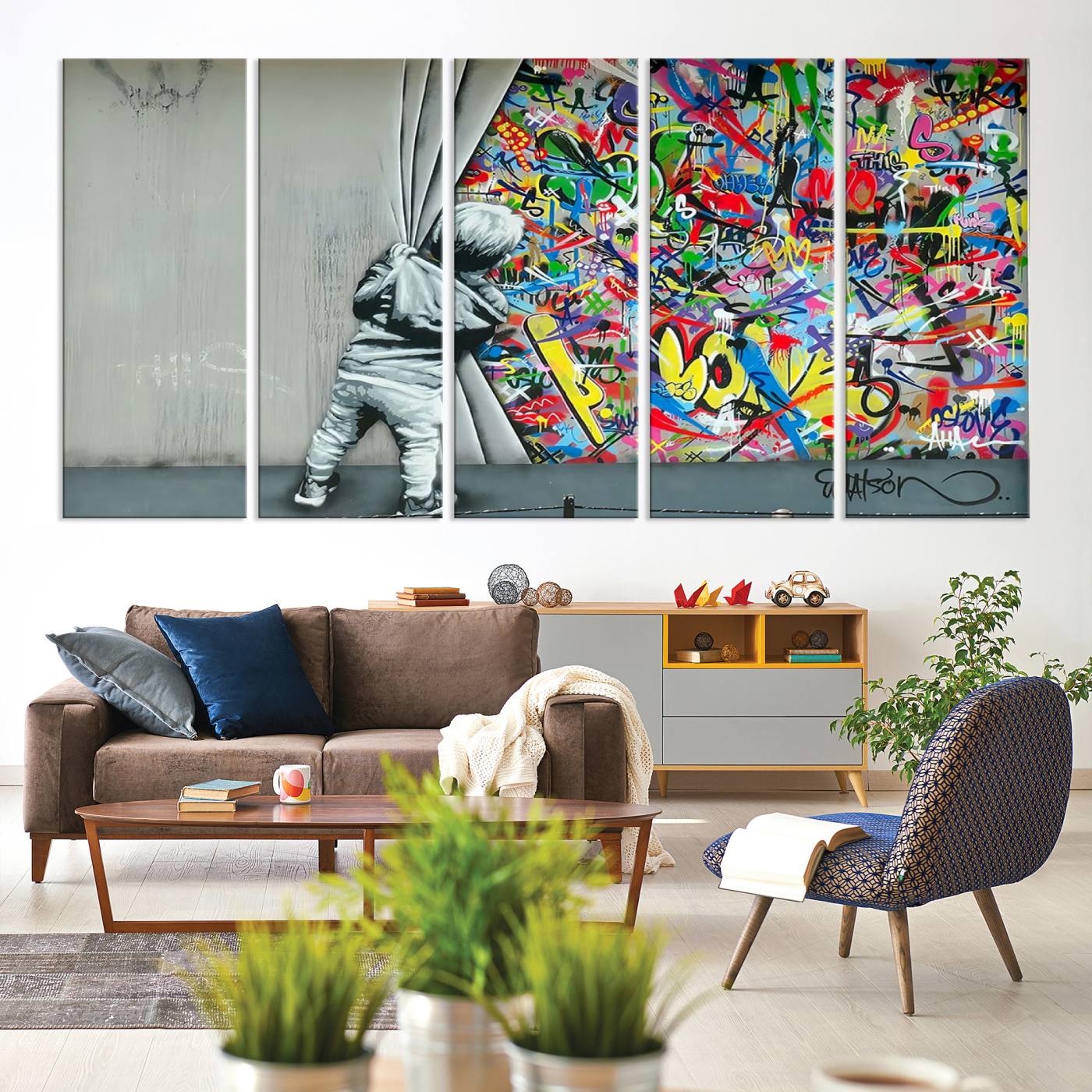 Banksy Colorful Street Graffiti Canvas Wall Art Print, Modern Art Triptych, Child and Graffiti Wall, Urban Art for Home or Office Decor