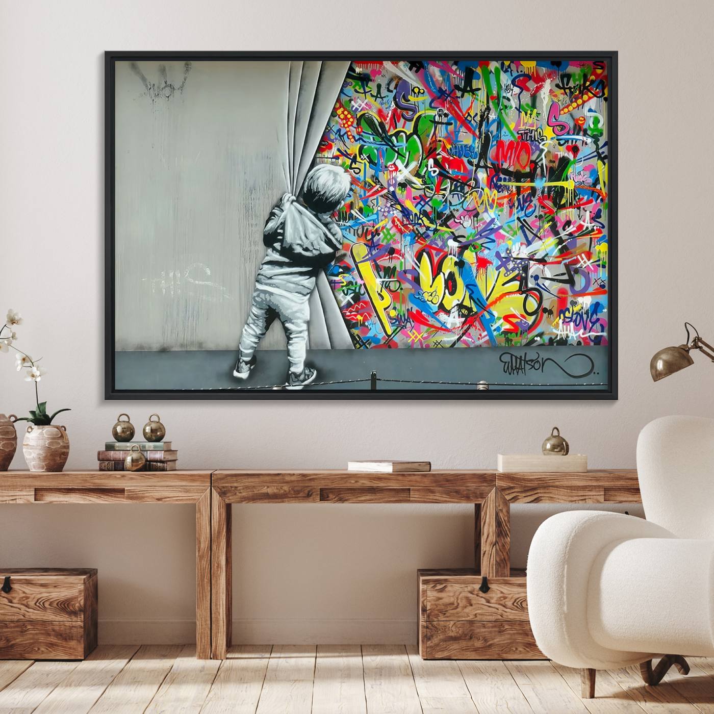 Banksy Colorful Street Graffiti Canvas Wall Art Print, Modern Art Triptych, Child and Graffiti Wall, Urban Art for Home or Office Decor