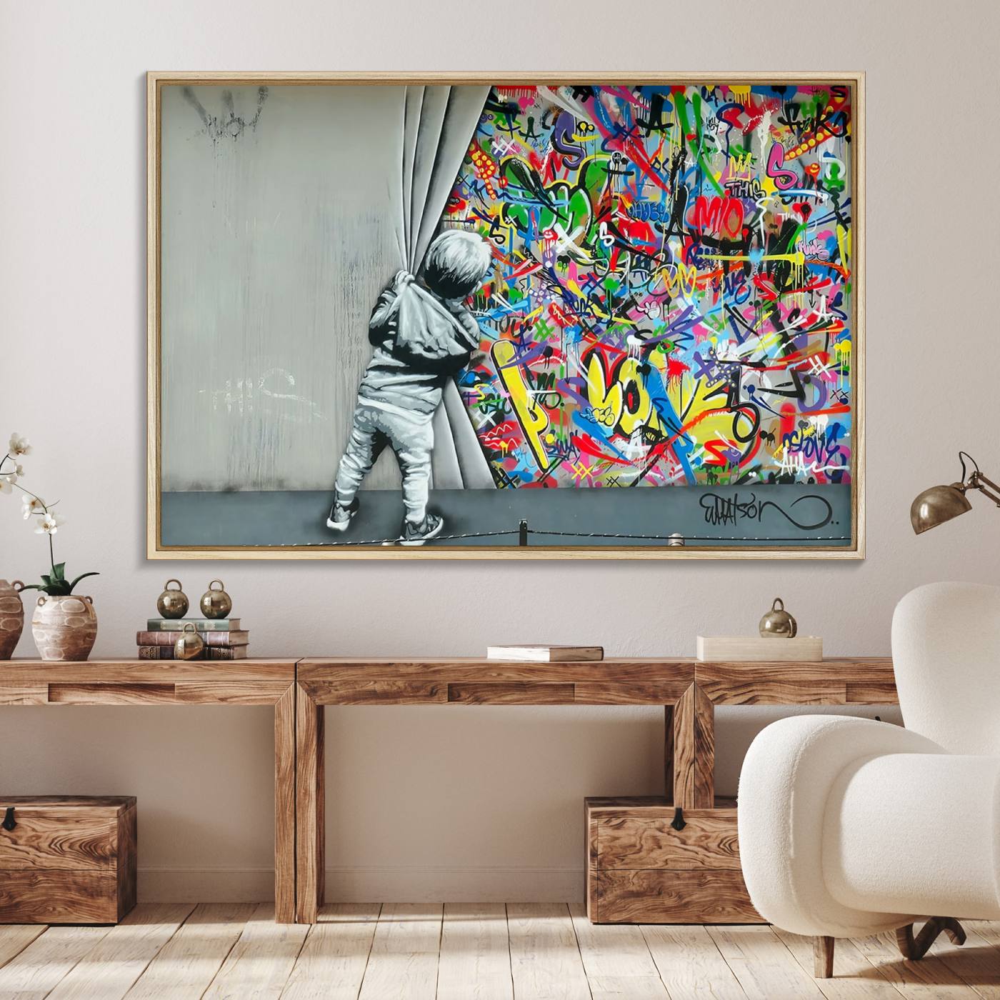 Banksy Colorful Street Graffiti Canvas Wall Art Print, Modern Art Triptych, Child and Graffiti Wall, Urban Art for Home or Office Decor