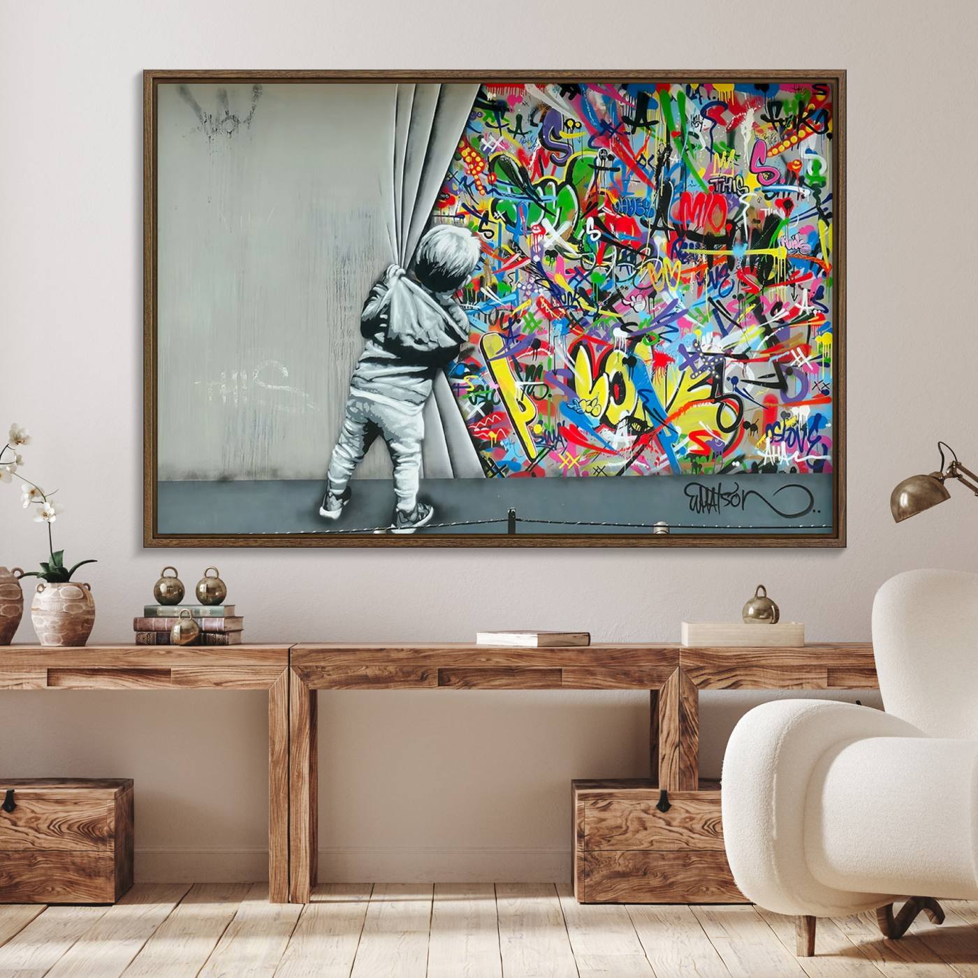 Banksy Colorful Street Graffiti Canvas Wall Art Print, Modern Art Triptych, Child and Graffiti Wall, Urban Art for Home or Office Decor