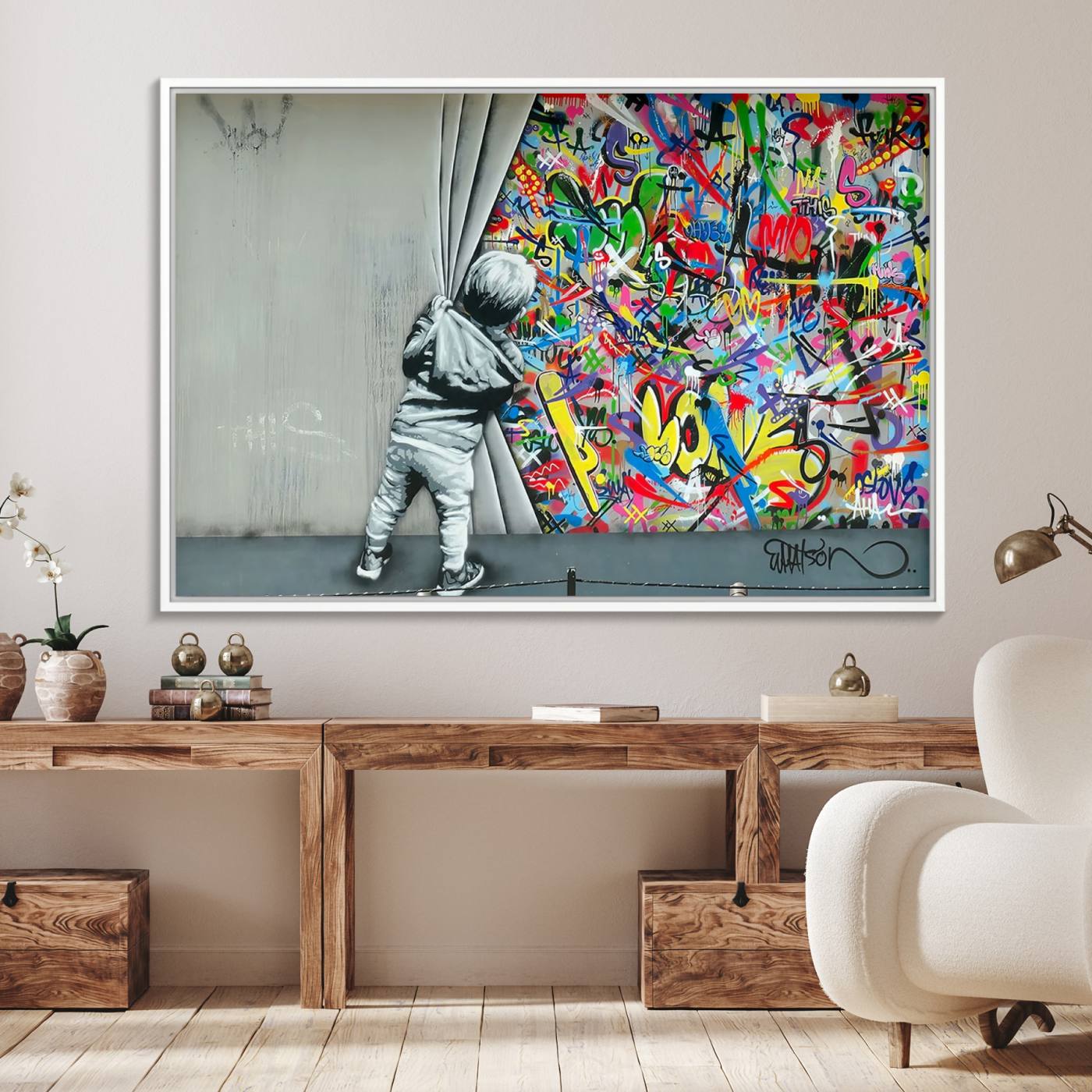 51713-MGV-FC-36X24_White-Banksy Colorful Street Graffiti Canvas Wall Art Print, Modern Art Triptych, Child and Graffiti Wall, Urban Art for Home or Office Decor