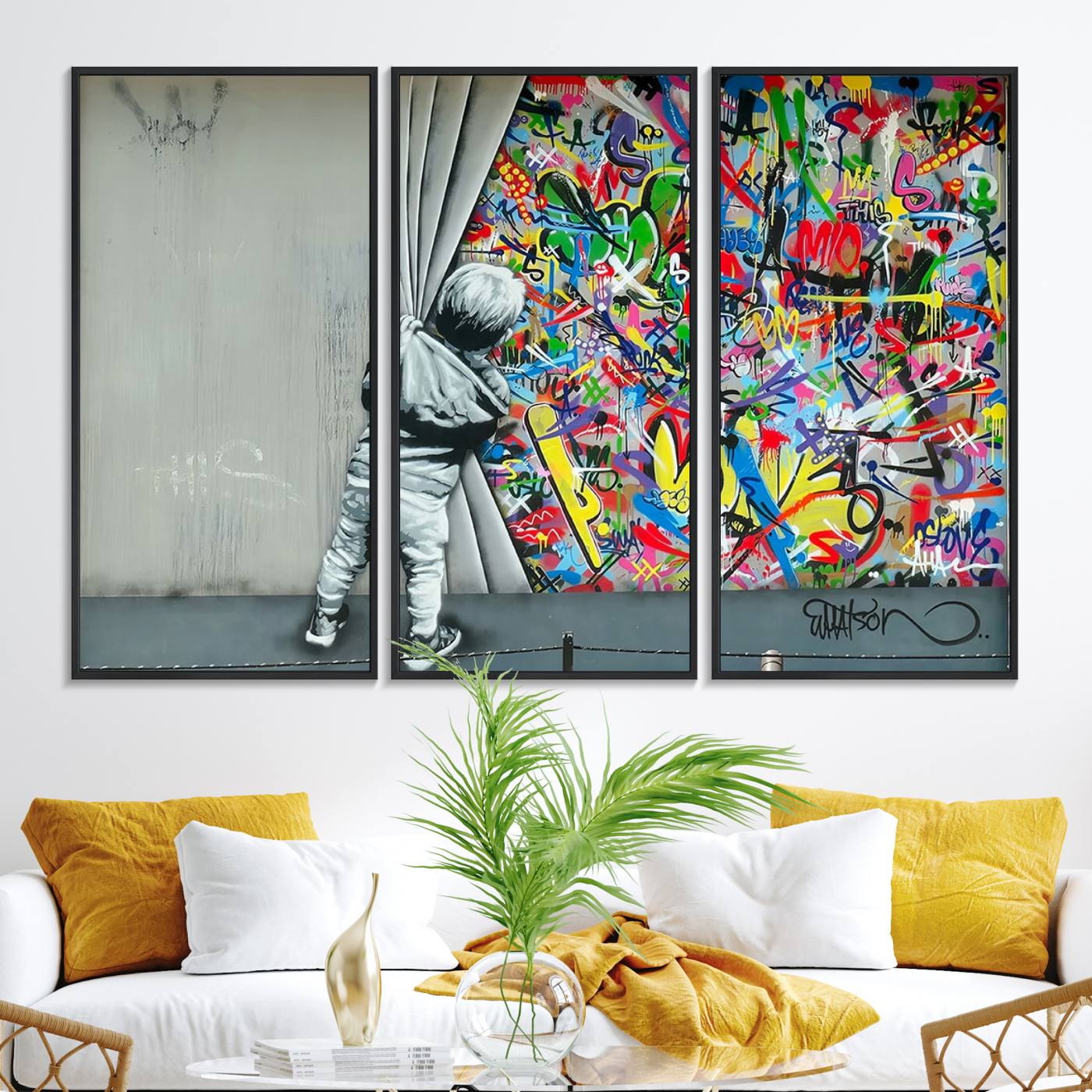 51713-MGV-FC-48X32-3P_Black-Banksy Colorful Street Graffiti Canvas Wall Art Print, Modern Art Triptych, Child and Graffiti Wall, Urban Art for Home or Office Decor