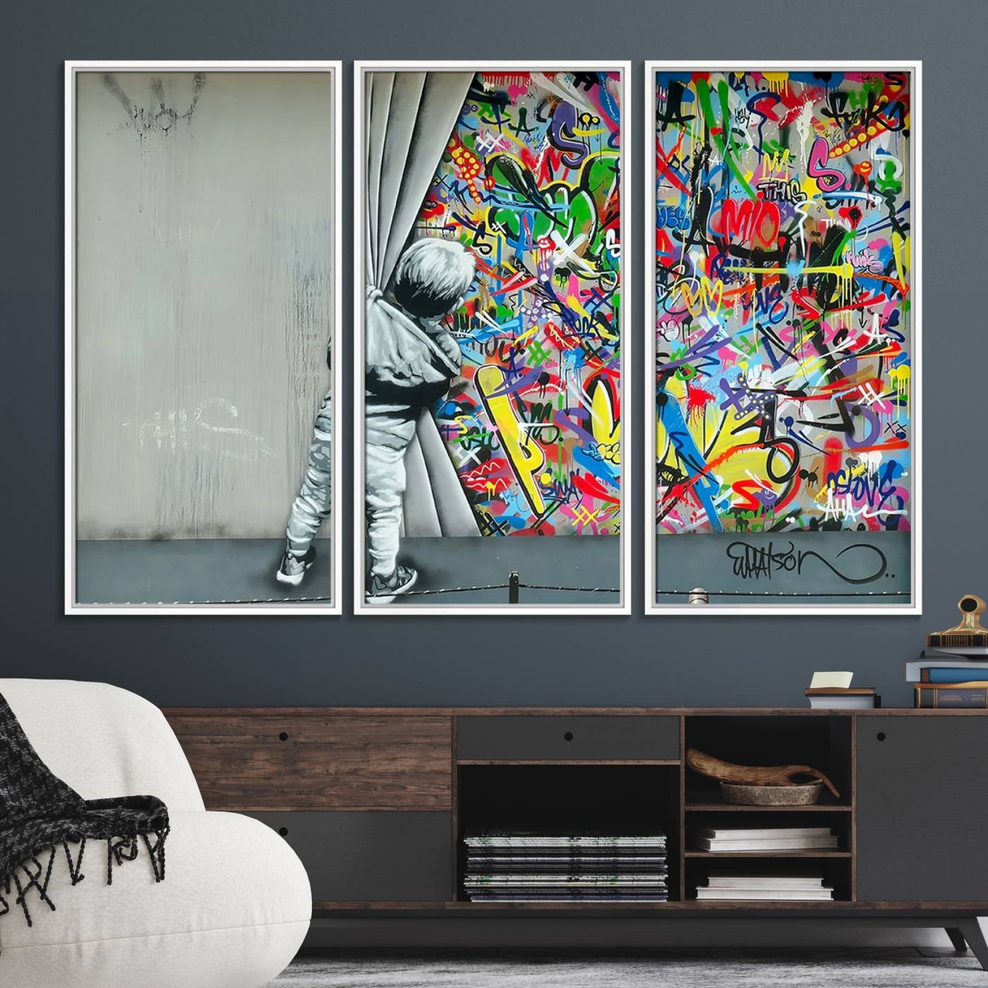 51713-MGV-FC-48X32-3P_White-Banksy Colorful Street Graffiti Canvas Wall Art Print, Modern Art Triptych, Child and Graffiti Wall, Urban Art for Home or Office Decor
