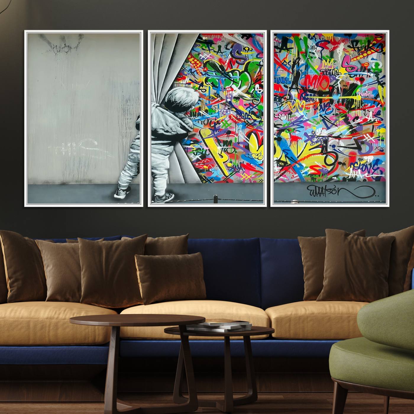 51713-MGV-FC-60X30-3P_White-Banksy Colorful Street Graffiti Canvas Wall Art Print, Modern Art Triptych, Child and Graffiti Wall, Urban Art for Home or Office Decor