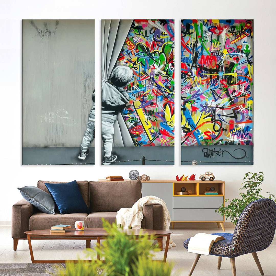 Banksy Colorful Street Graffiti Canvas Wall Art Print, Modern Art Triptych, Child and Graffiti Wall, Urban Art for Home or Office Decor