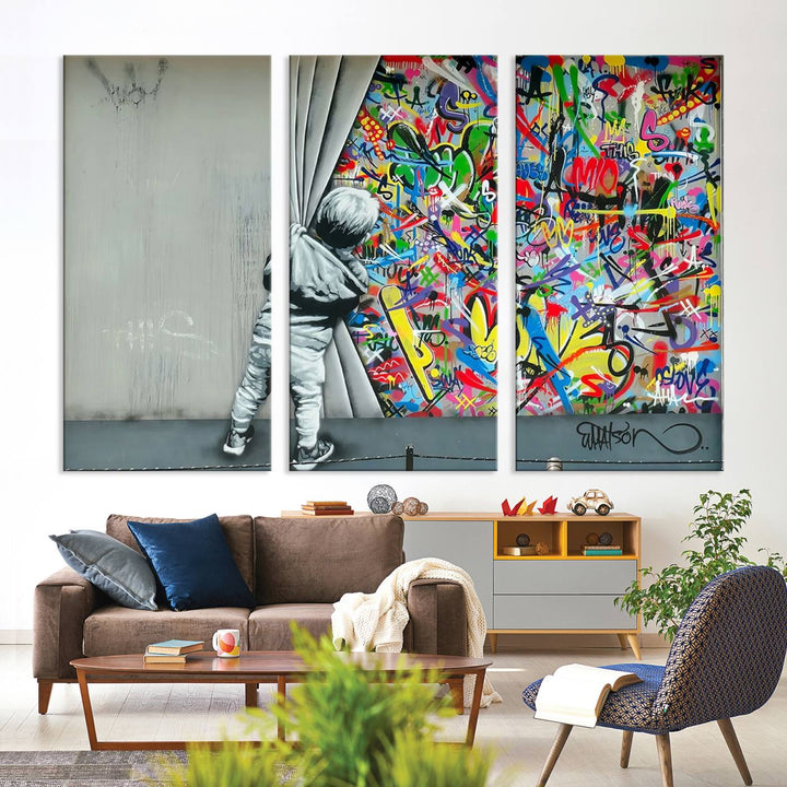 Banksy Colorful Street Graffiti Canvas Wall Art Print, Modern Art Triptych, Child and Graffiti Wall, Urban Art for Home or Office Decor