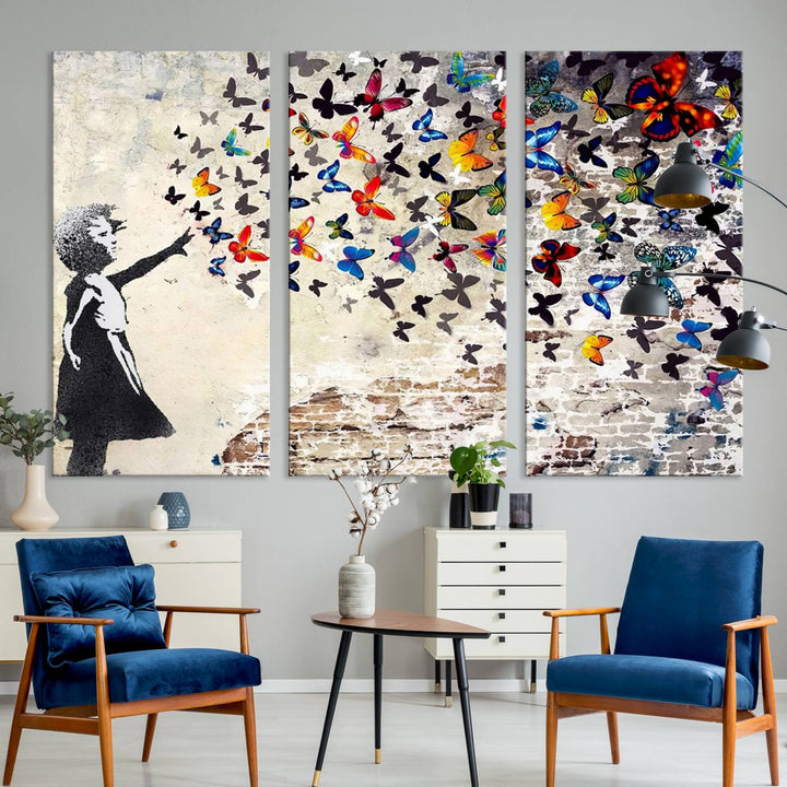 Banksy Graffiti Wall Art Canvas Print: Girl Releasing Vibrant Butterflies – Ready to Hang