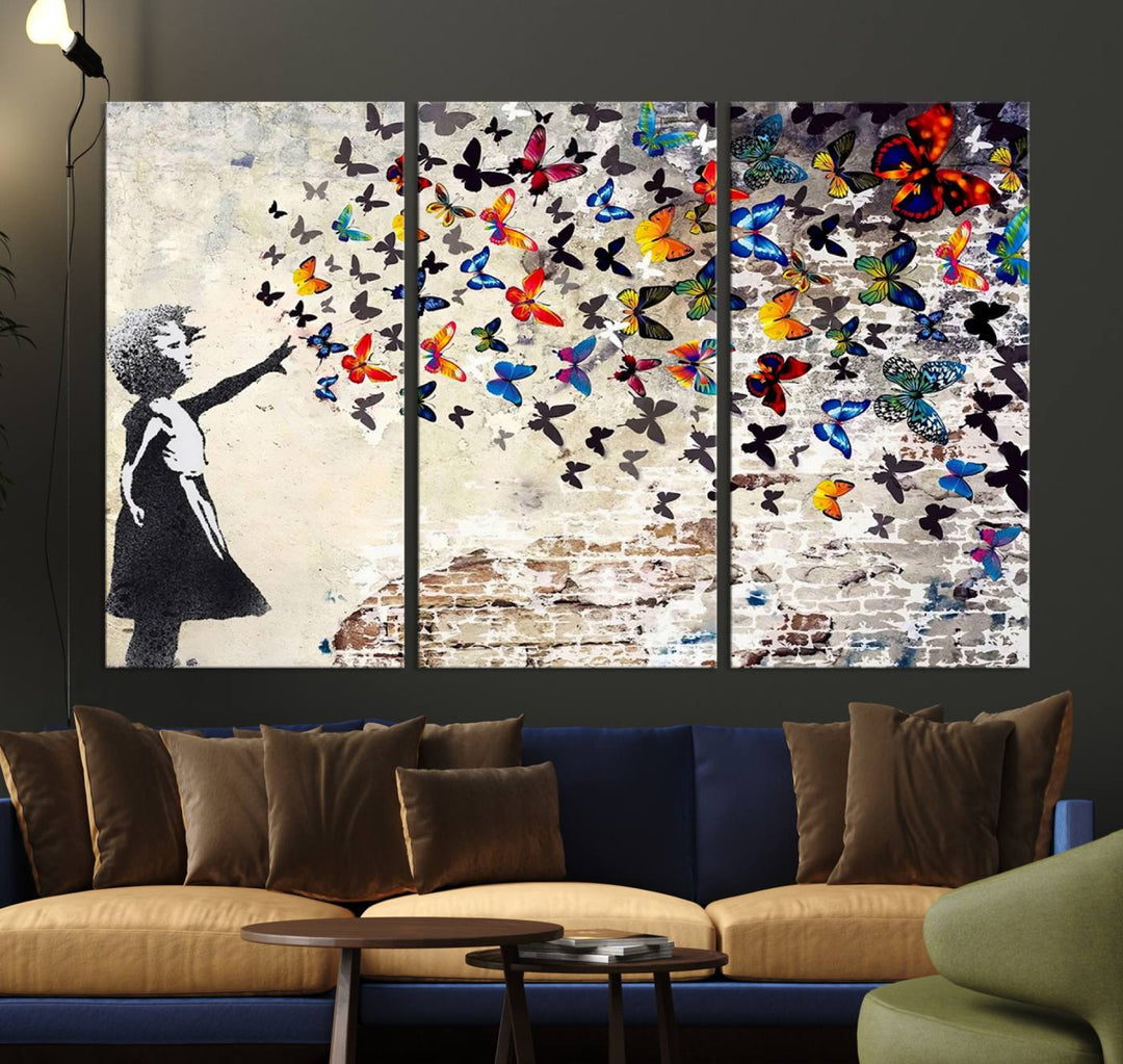 Banksy Graffiti Wall Art Canvas Print: Girl Releasing Vibrant Butterflies – Ready to Hang