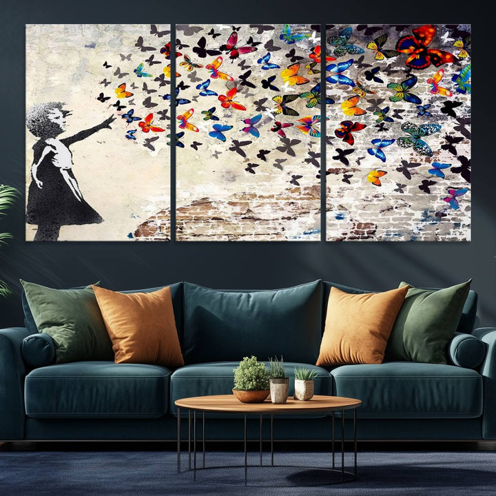 Banksy Graffiti Wall Art Canvas Print: Girl Releasing Vibrant Butterflies – Ready to Hang