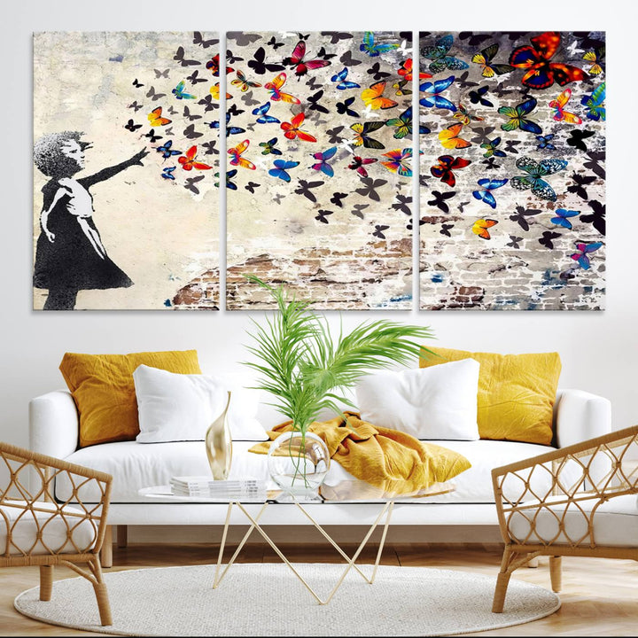 Banksy Graffiti Wall Art Canvas Print: Girl Releasing Vibrant Butterflies – Ready to Hang
