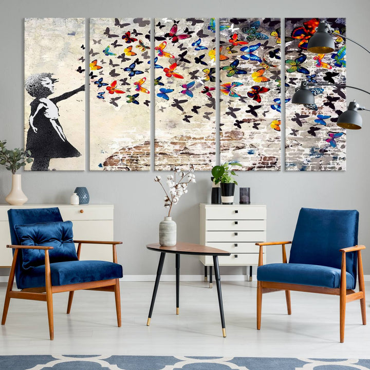 Banksy Graffiti Wall Art Canvas Print: Girl Releasing Vibrant Butterflies – Ready to Hang