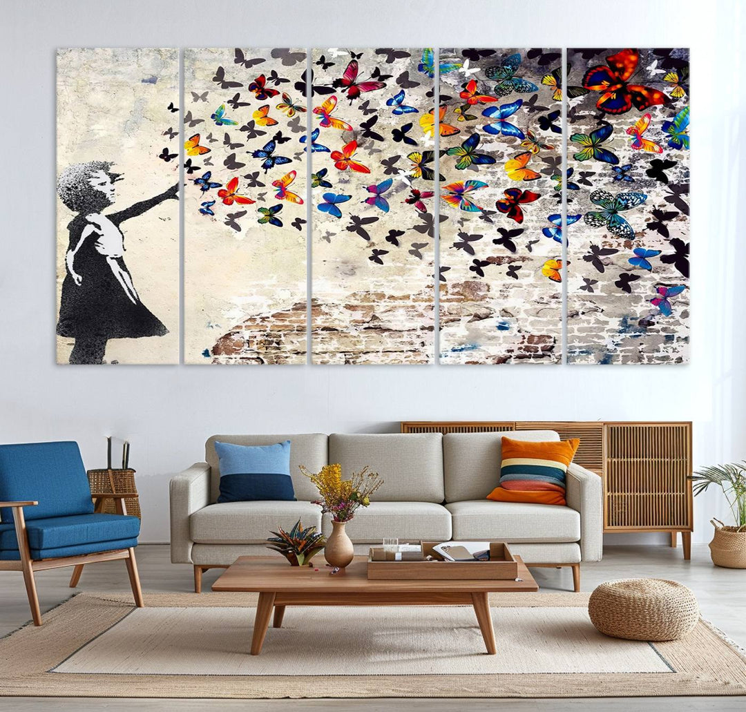 Banksy Graffiti Wall Art Canvas Print: Girl Releasing Vibrant Butterflies – Ready to Hang