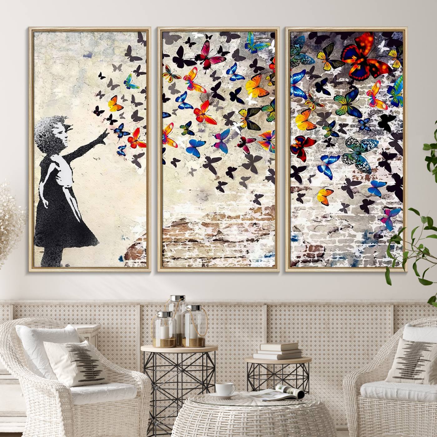 97895-MGV-CV-36X24-Banksy Graffiti Wall Art Canvas Print: Girl Releasing Vibrant Butterflies – Ready to Hang