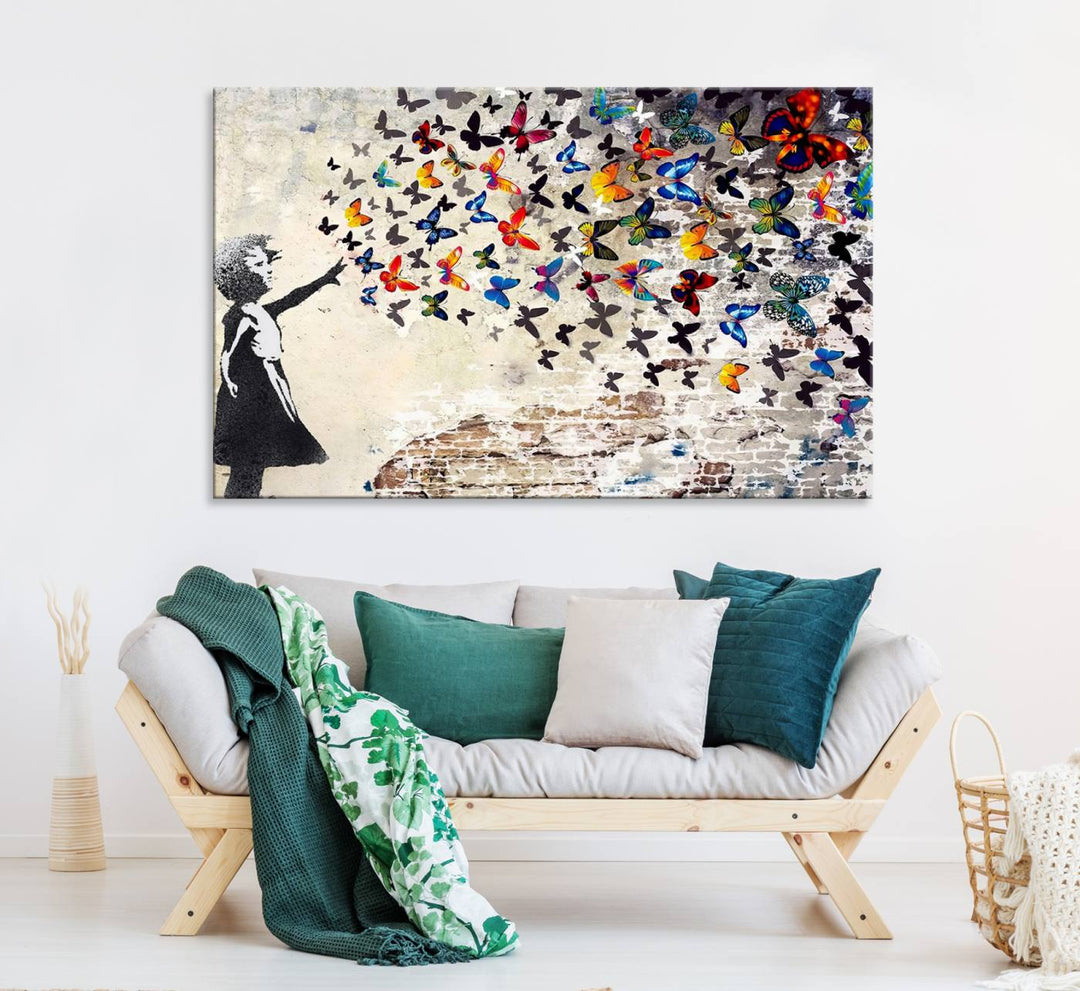 Banksy Graffiti Wall Art Canvas Print: Girl Releasing Vibrant Butterflies – Ready to Hang