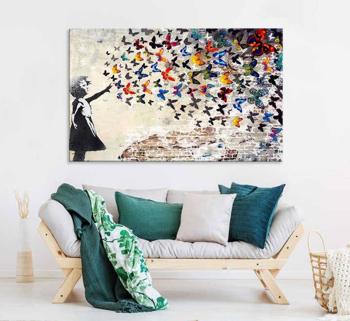 Banksy Graffiti Wall Art Canvas Print: Girl Releasing Vibrant Butterflies – Ready to Hang
