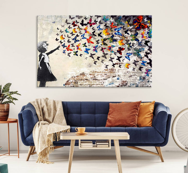 Banksy Graffiti Wall Art Canvas Print: Girl Releasing Vibrant Butterflies – Ready to Hang