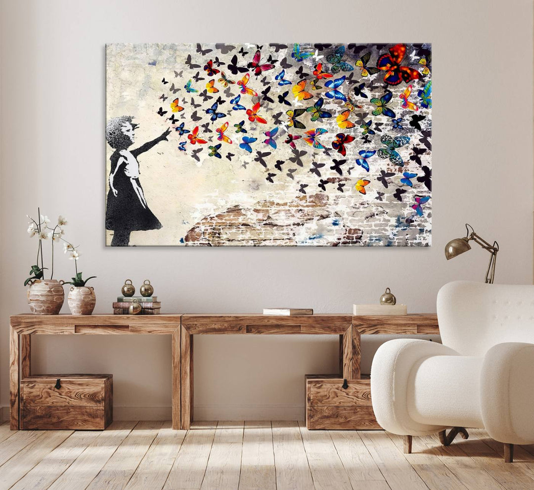 Banksy Graffiti Wall Art Canvas Print: Girl Releasing Vibrant Butterflies – Ready to Hang