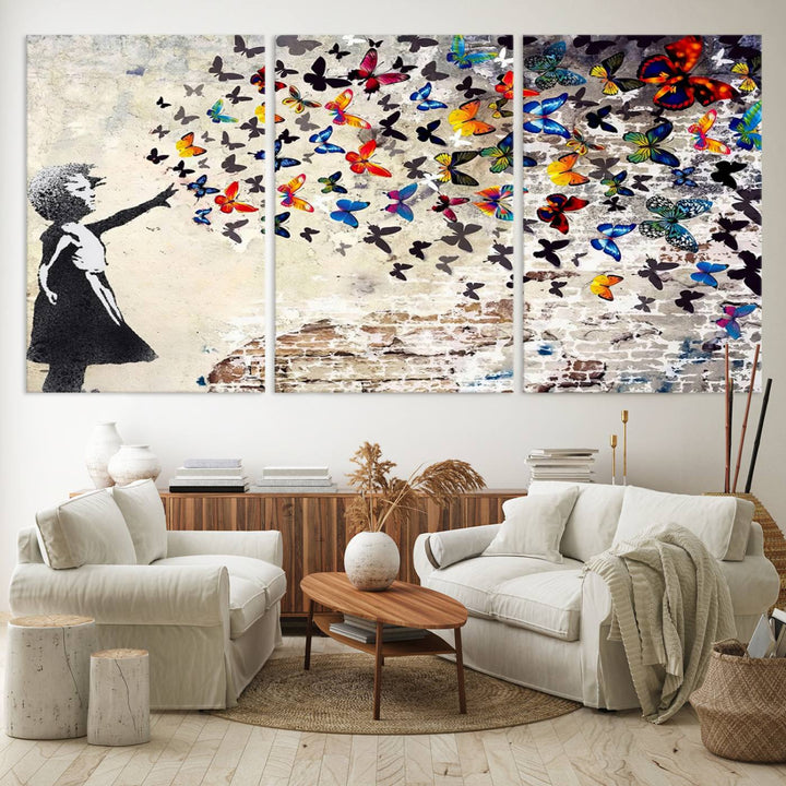 Banksy Graffiti Wall Art Canvas Print: Girl Releasing Vibrant Butterflies – Ready to Hang