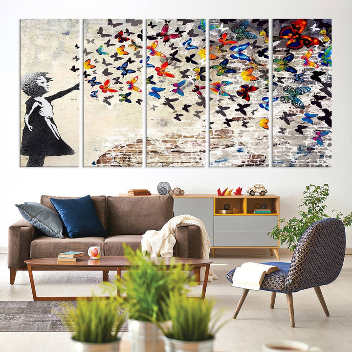 Banksy Graffiti Wall Art Canvas Print: Girl Releasing Vibrant Butterflies – Ready to Hang