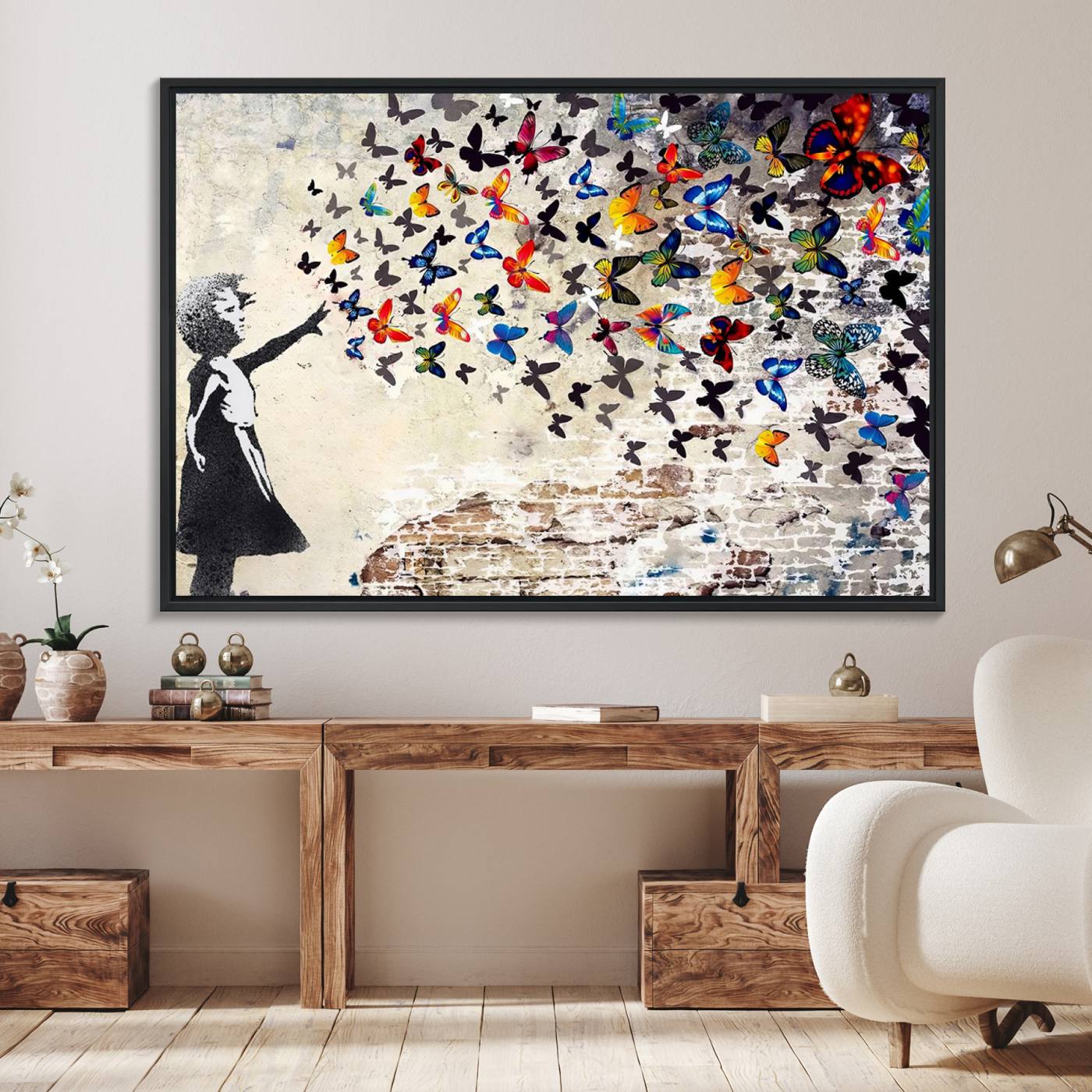 Banksy Graffiti Wall Art Canvas Print: Girl Releasing Vibrant Butterflies – Ready to Hang