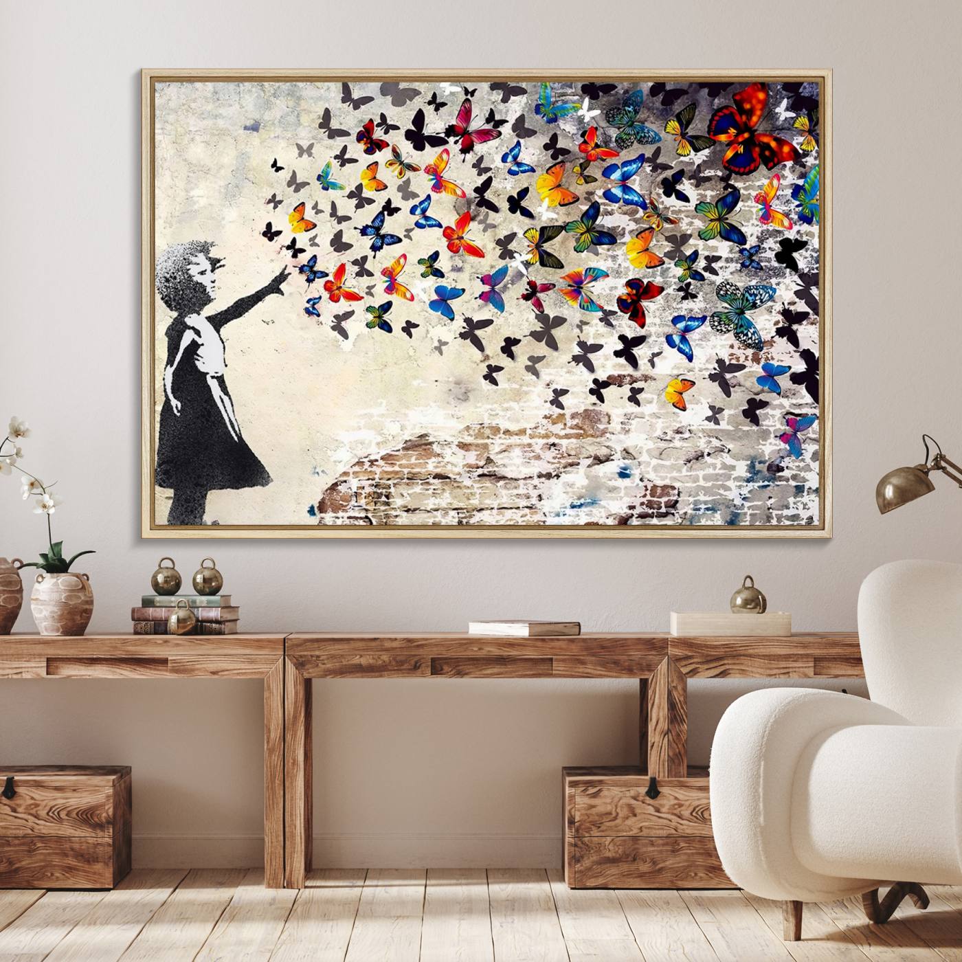 Banksy Graffiti Wall Art Canvas Print: Girl Releasing Vibrant Butterflies – Ready to Hang