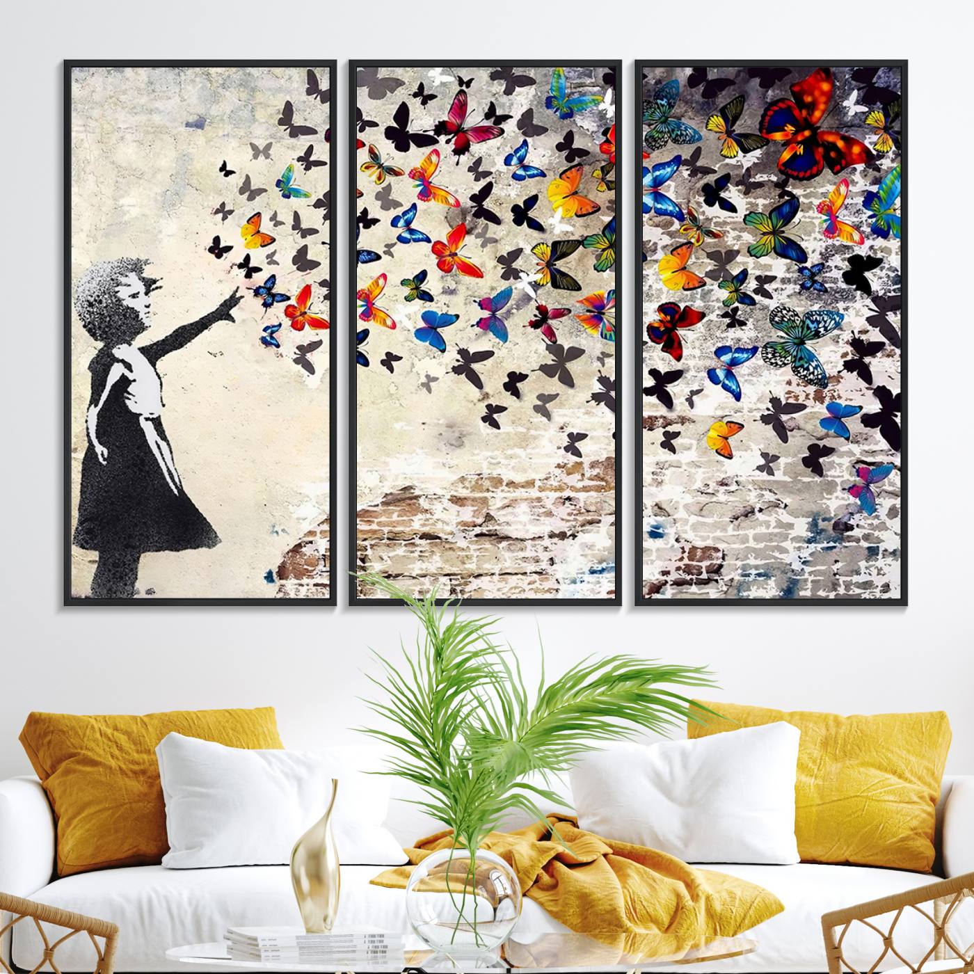 97895-MGV-FC-48X32-3P_Black-Banksy Graffiti Wall Art Canvas Print: Girl Releasing Vibrant Butterflies – Ready to Hang