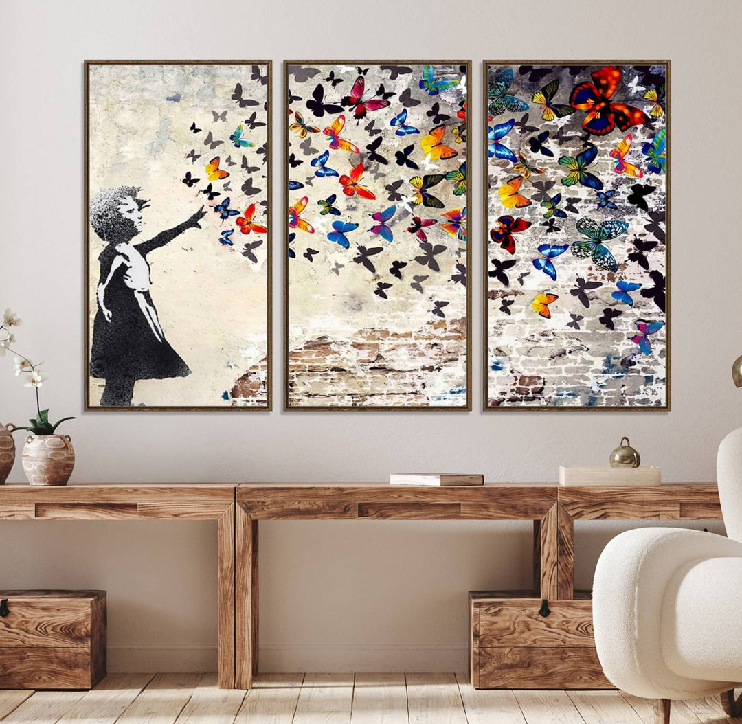 97895-MGV-FC-48X32-3P_Walnut-Banksy Graffiti Wall Art Canvas Print: Girl Releasing Vibrant Butterflies – Ready to Hang