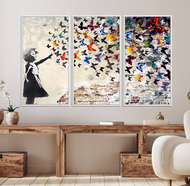 97895-MGV-FC-48X32-3P_White-Banksy Graffiti Wall Art Canvas Print: Girl Releasing Vibrant Butterflies – Ready to Hang