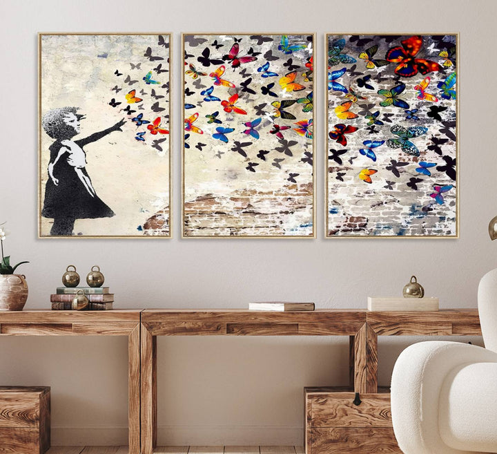 97895-MGV-FC-60X30-3P_Natural-Banksy Graffiti Wall Art Canvas Print: Girl Releasing Vibrant Butterflies – Ready to Hang