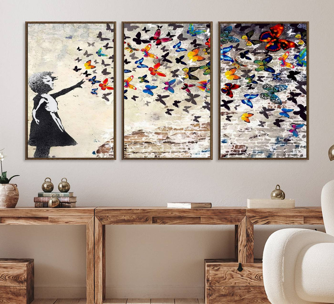 97895-MGV-FC-60X30-3P_Walnut-Banksy Graffiti Wall Art Canvas Print: Girl Releasing Vibrant Butterflies – Ready to Hang