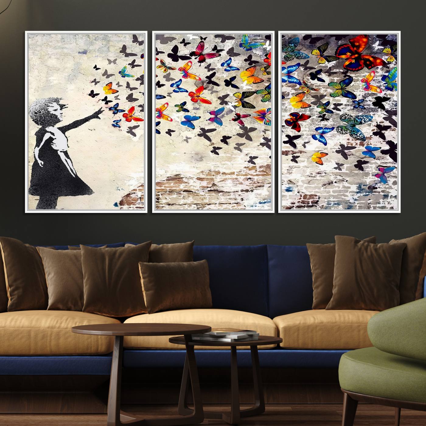 97895-MGV-FC-60X30-3P_White-Banksy Graffiti Wall Art Canvas Print: Girl Releasing Vibrant Butterflies – Ready to Hang