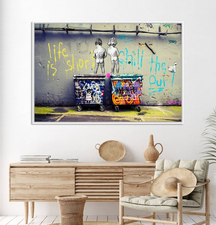 Banksy Life is Short Wall Art - Iconic Graffiti Art on Framed Ready-to-Hang Canvas - Street Art Inspired Decor