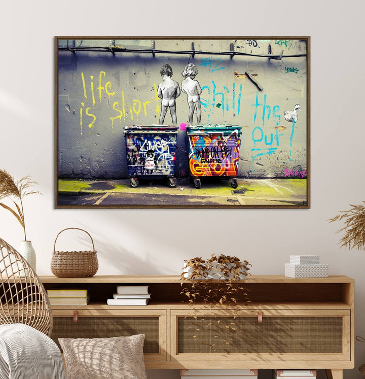 Banksy Life is Short Wall Art - Iconic Graffiti Art on Framed Ready-to-Hang Canvas - Street Art Inspired Decor