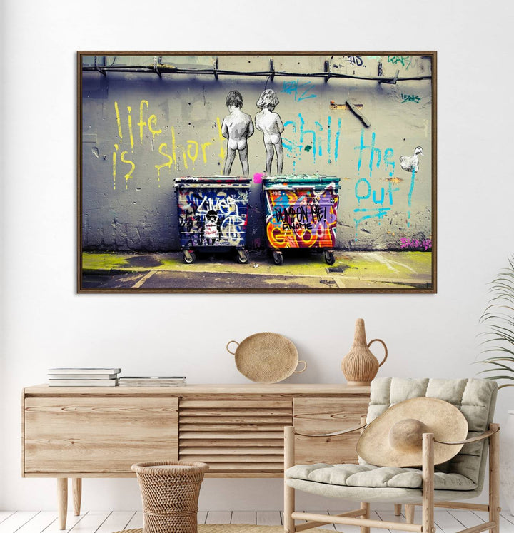 Banksy Life is Short Wall Art - Iconic Graffiti Art on Framed Ready-to-Hang Canvas - Street Art Inspired Decor