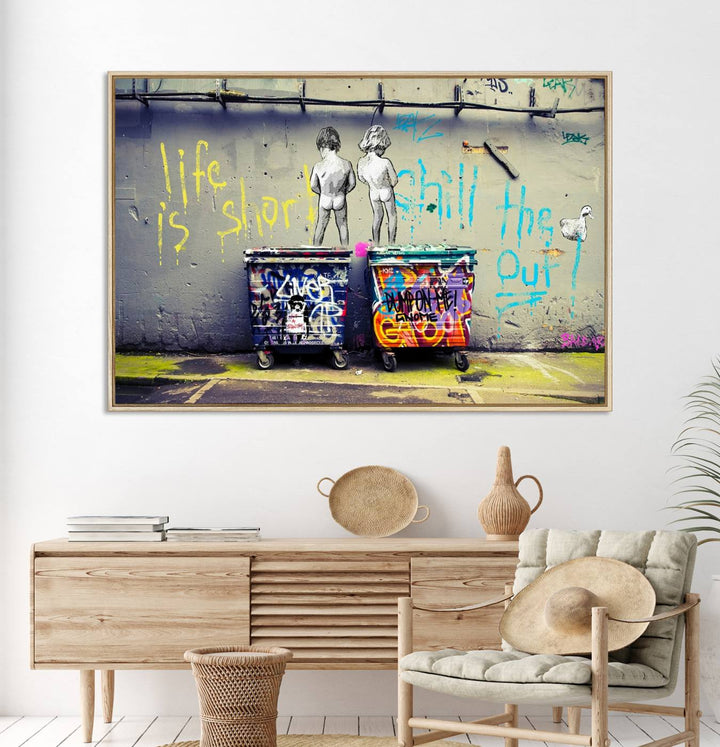 Banksy Life is Short Wall Art - Iconic Graffiti Art on Framed Ready-to-Hang Canvas - Street Art Inspired Decor