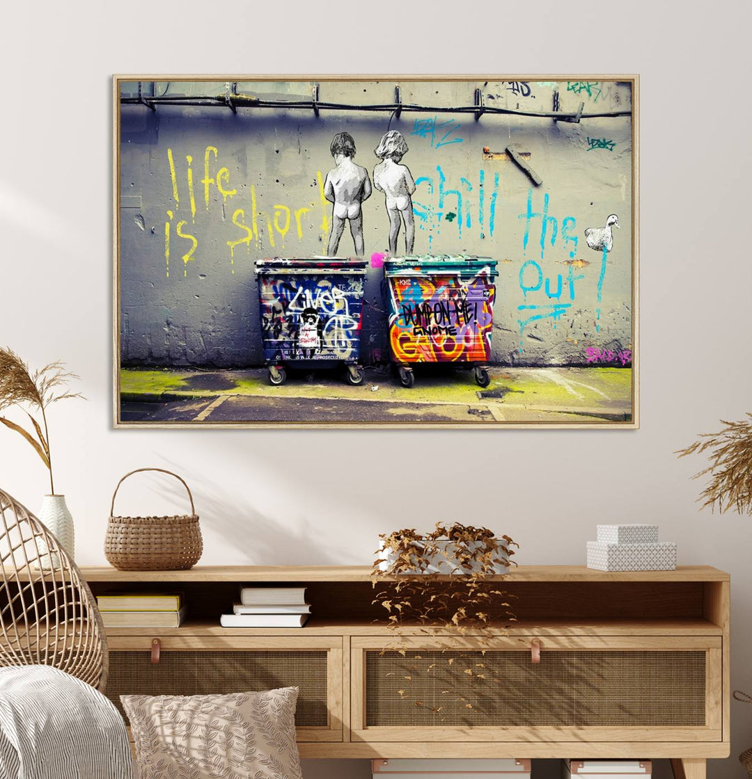 Banksy Life is Short Wall Art - Iconic Graffiti Art on Framed Ready-to-Hang Canvas - Street Art Inspired Decor