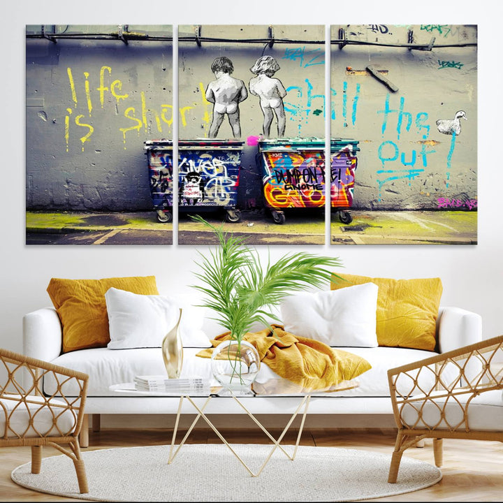 41810-MGV-CV-36X24-Banksy Life is Short Wall Art - Iconic Graffiti Art on Framed Ready-to-Hang Canvas - Street Art Inspired Decor