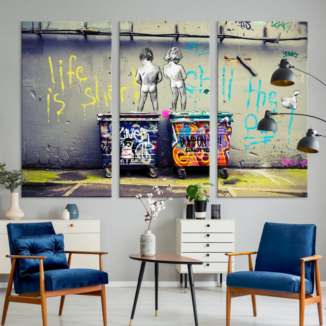 41810-MGV-CV-36X24-Banksy Life is Short Wall Art - Iconic Graffiti Art on Framed Ready-to-Hang Canvas - Street Art Inspired Decor