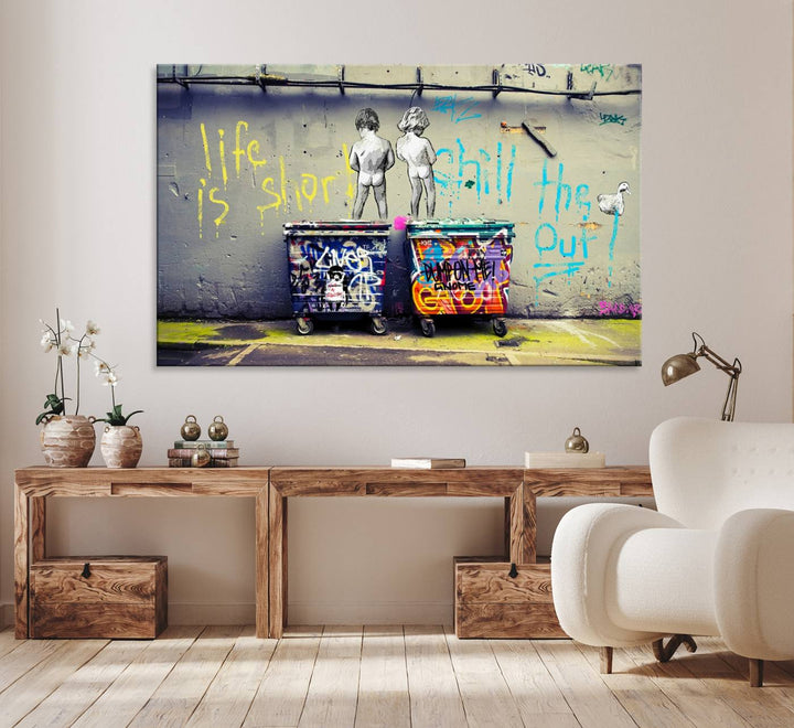 Banksy Life is Short Wall Art - Iconic Graffiti Art on Framed Ready-to-Hang Canvas - Street Art Inspired Decor